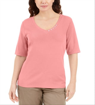 Karen Scott Women's Button Detail V Neck Top Pink Size Small