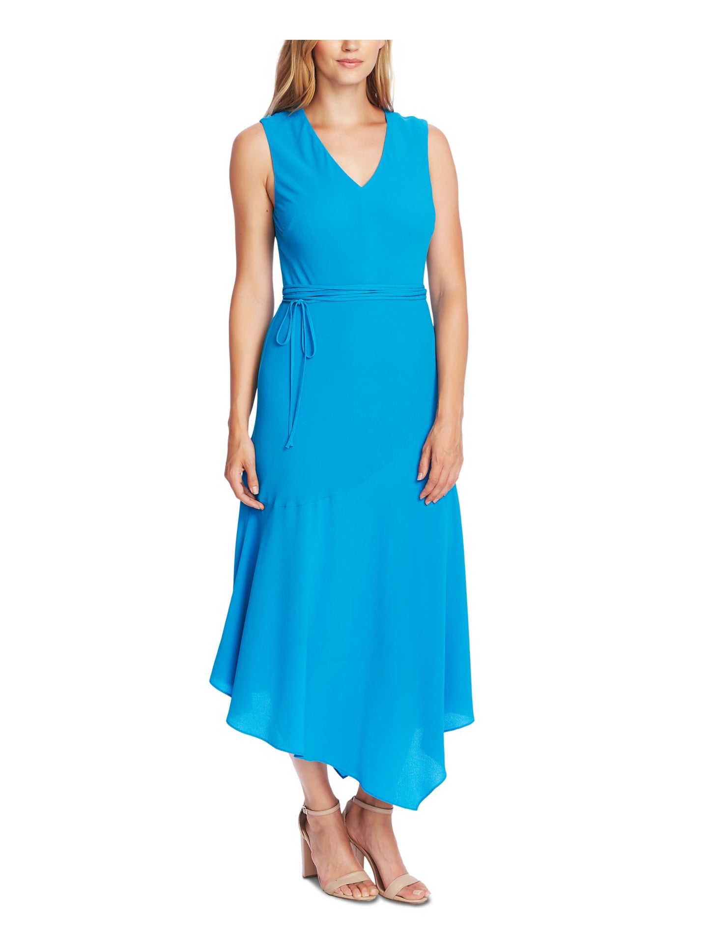 Vince Camuto Women's Zippered Belted Sleeveless V Neck MIDI Evening a Line Dress Blue Size 4