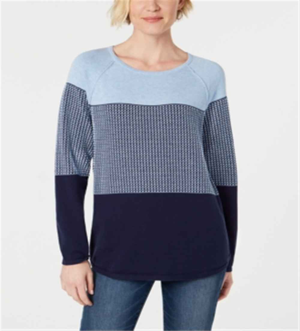 Karen Scott Women's Cotton Colorblocked Sweater Blue Size Petite Small