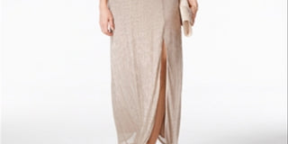 R & M Richards Women's Metallic Knit Keyhole Halter GownGold Size 16