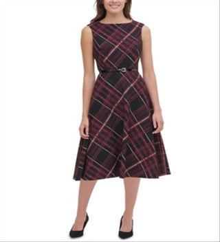 Tommy Hilfiger Women's Piper Belted Plaid Fit & Flare Dress Black Size 16