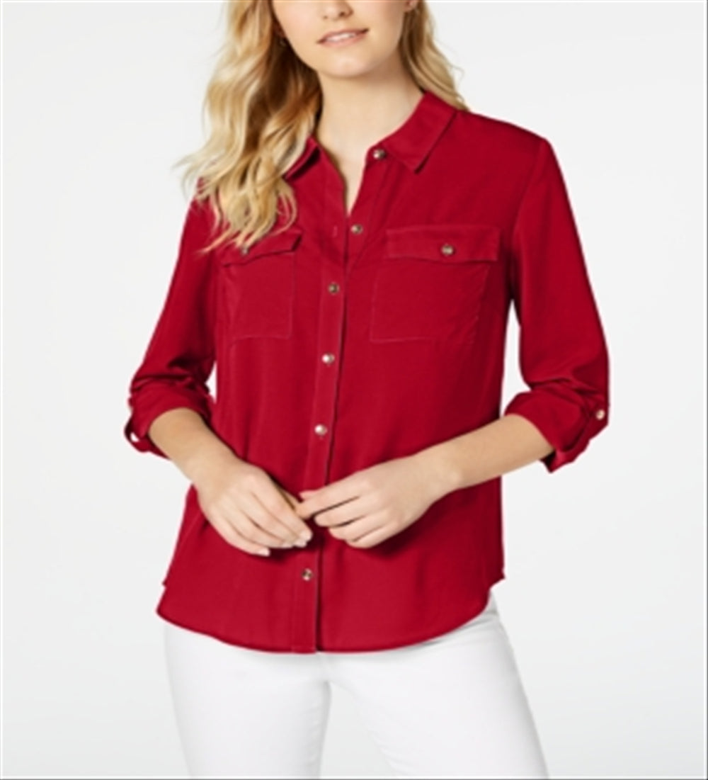 Charter Club Women's Solid Button up Shirt Red Size Petite Medium