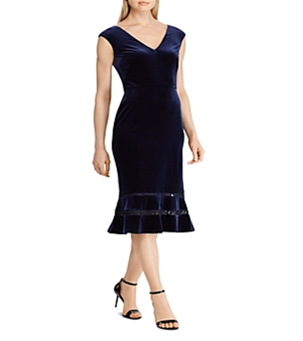 Ralph Lauren Women's Cap Sleeve V Neck MIDI Sheath Evening Dress Blue Size 6