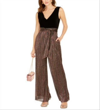 Vince Camuto Womens Velvet & Glitter-Striped Jumpsuit Black- Gold Size 12