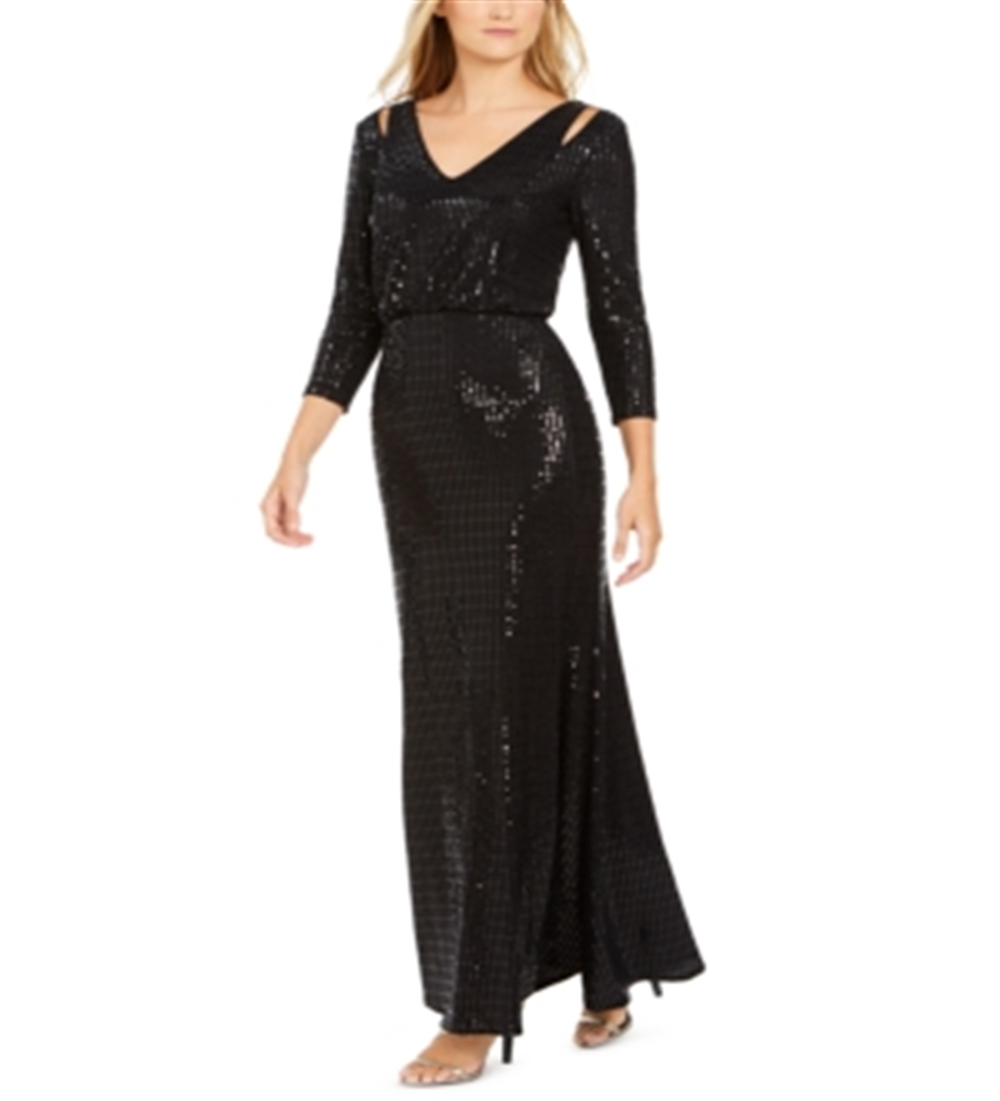 Calvin Klein Women's Sequined Cut Out 3/4 Sleeve V Neck Full Length Blouson Formal Dress Black Size 10