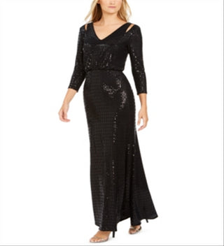 Calvin Klein Women's Sequined Cut Out 3/4 Sleeve V Neck Full Length Blouson Formal Dress Black Size 10