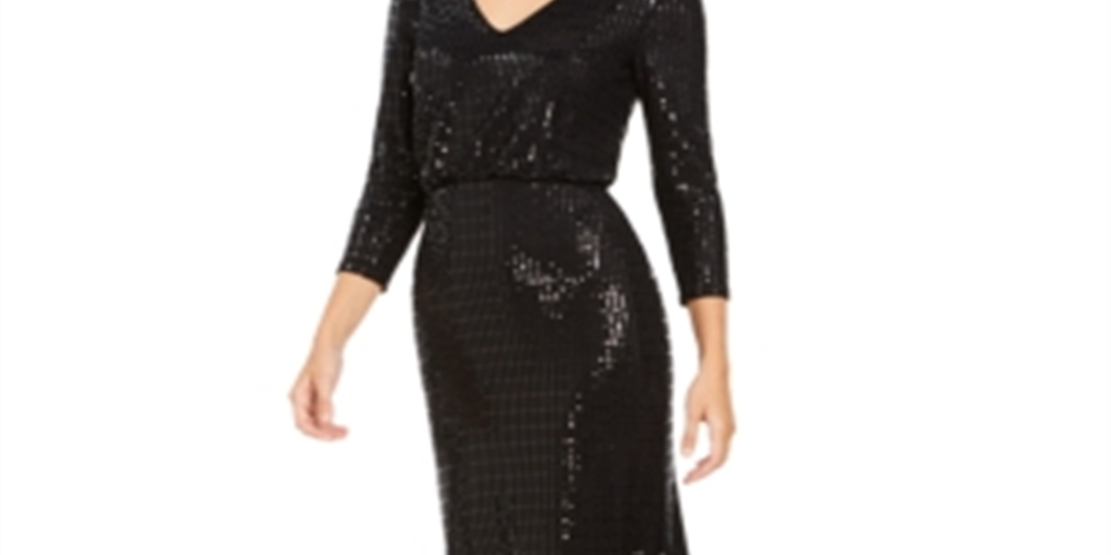 Calvin Klein Women's Sequined Cut Out 3/4 Sleeve V Neck Full Length Blouson Formal Dress Black Size 10