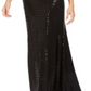 Calvin Klein Women's Sequined Cut Out 3/4 Sleeve V Neck Full Length Blouson Formal Dress Black Size 10