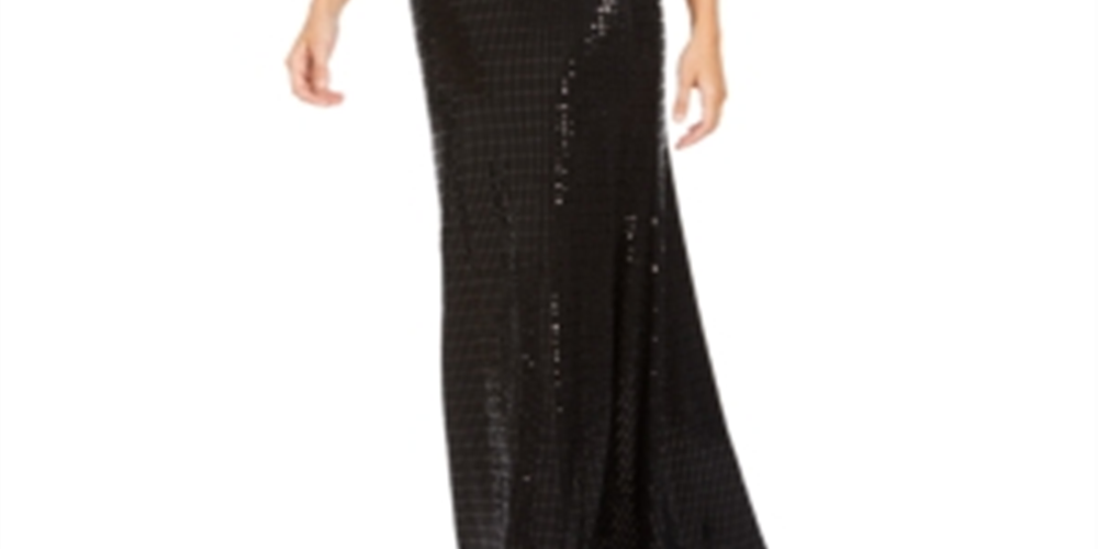 Calvin Klein Women's Sequined Cut Out 3/4 Sleeve V Neck Full Length Blouson Formal Dress Black Size 10