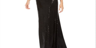 Calvin Klein Women's Sequined Cut Out 3/4 Sleeve V Neck Full Length Blouson Formal Dress Black Size 10