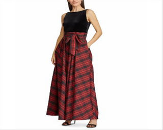RALPH LAUREN Womens Red Plaid Sleeveless V Neck Maxi Sheath Evening Dress Size 10
