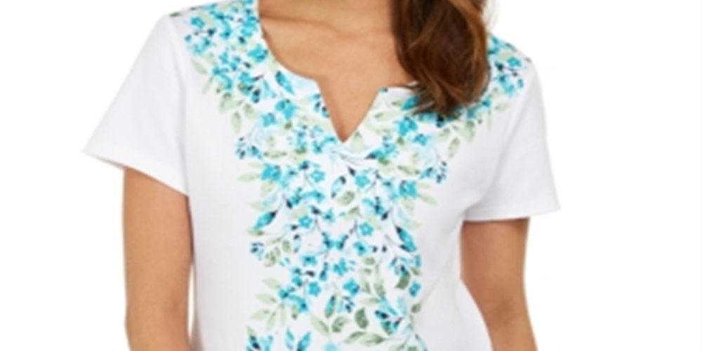 Karen Scott Women's Printed Split Neck Top White Size Medium