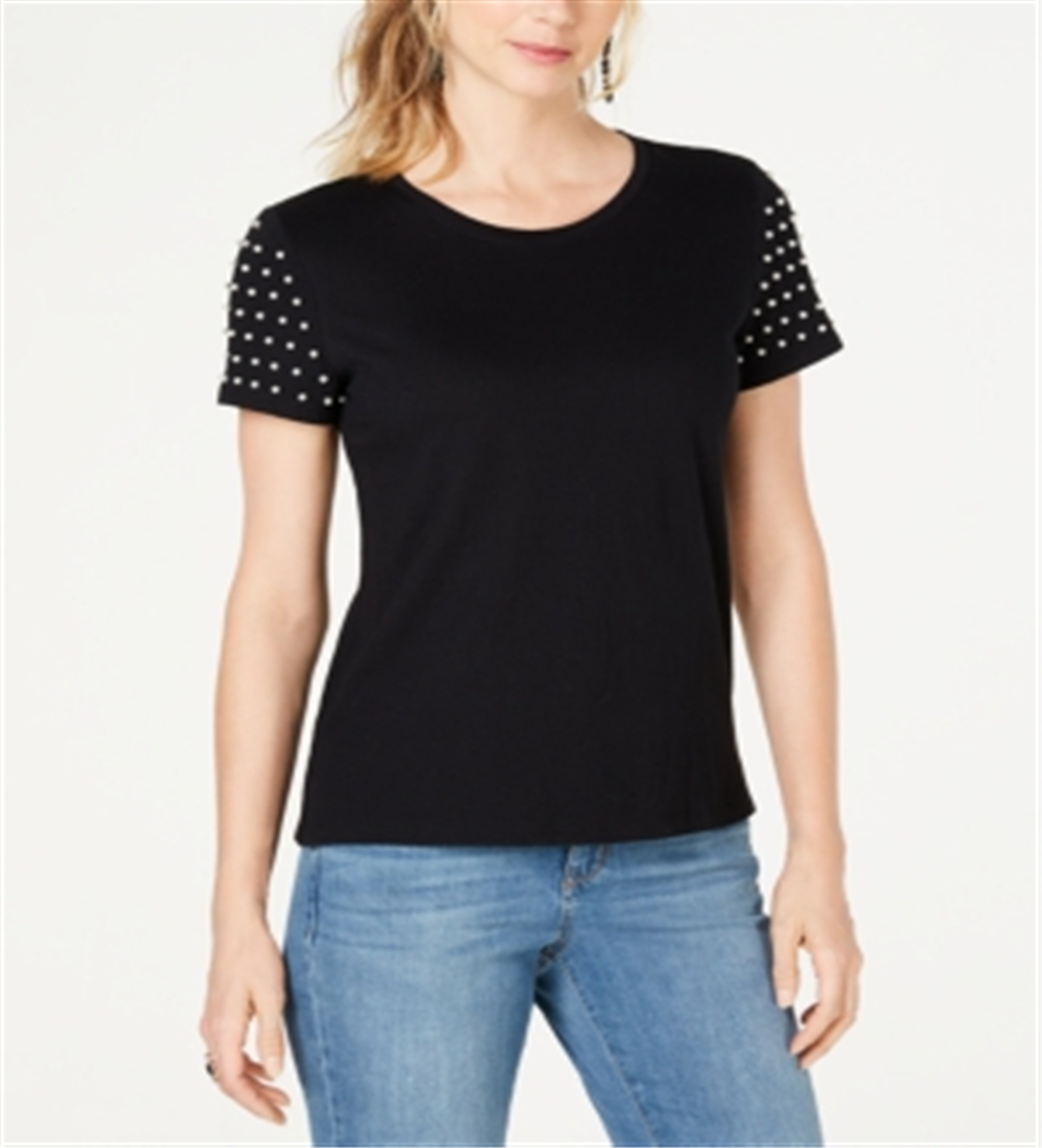 INC International Concepts Women's Jet Midnight Knit Pearl Emebllished Top Black Size X-Large