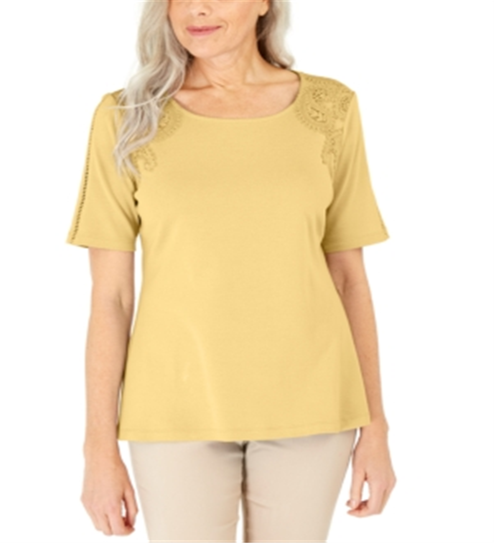 Karen Scott Women's Cotton Crochet Front Top Yellow Size Small