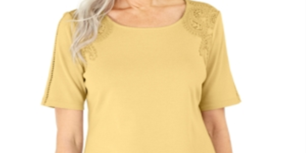 Karen Scott Women's Cotton Crochet Front Top Yellow Size Small