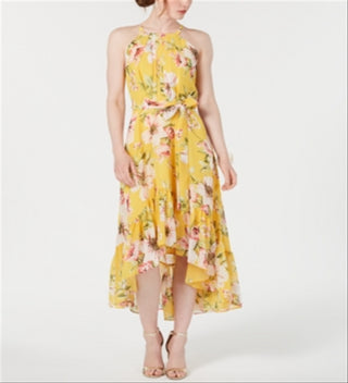 Vince Camuto Women's High Low Floral Flounce Maxi Dress Yellow Size 14