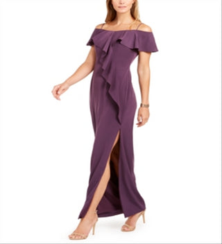 Calvin Klein Women's  Zippered Bell Sleeve Off Shoulder Full-Length Fit Flare Formal Dress Purple Size 8