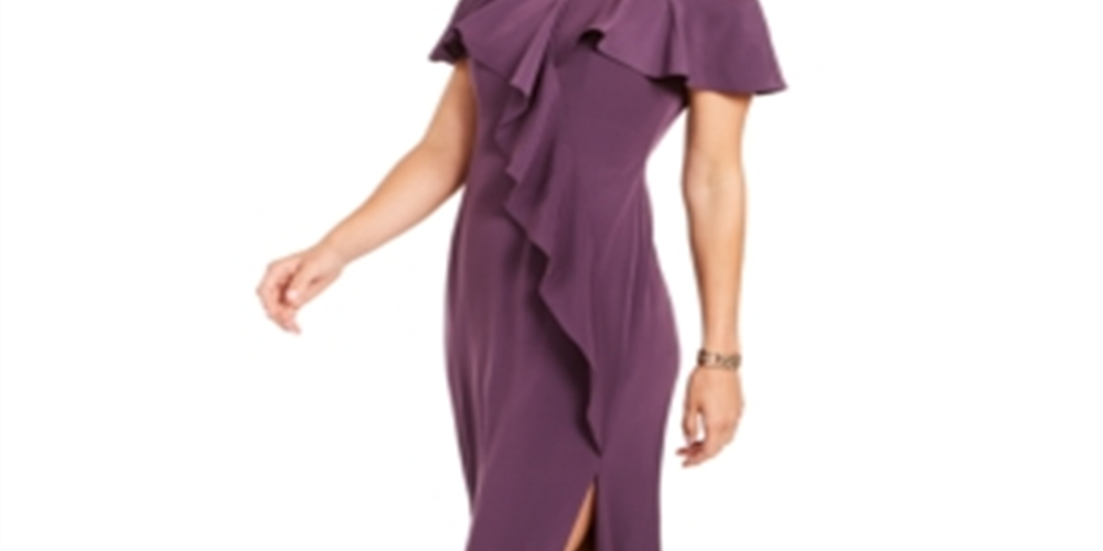 Calvin Klein Women's  Zippered Bell Sleeve Off Shoulder Full-Length Fit Flare Formal Dress Purple Size 8