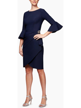 Alex Evenings Women's Rhinestone Bell Sleeve Jewel Neck Above the Knee Evening Wrap Dress Blue Size 4