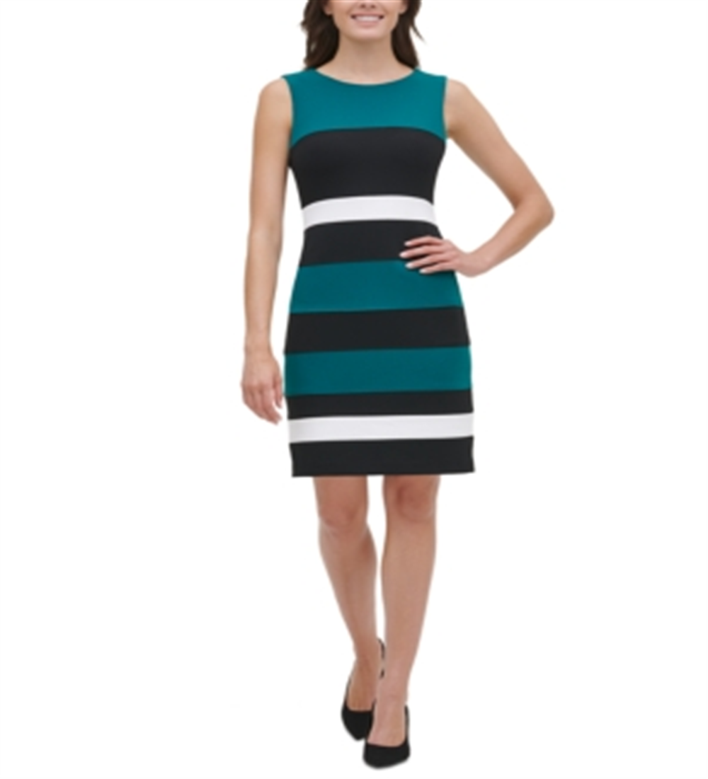 Tommy Hilfiger Women's Color Block Sleeveless Jewel Neck Knee Length Wear to Work Sheath Dress Black Size 18