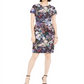 Adrianna Papell Women's Zippered Floral Short Sleeve Jewel Neck Above the Knee Sheath Party Dress Black Size 12