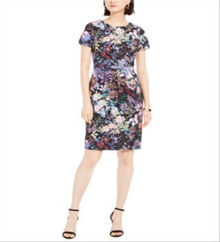 Adrianna Papell Women's Zippered Floral Short Sleeve Jewel Neck Above the Knee Sheath Party Dress Black Size 12