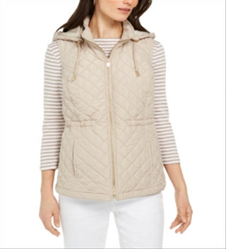 Charter Club Women's Woven Hooded Quilted Vest Tan Size M