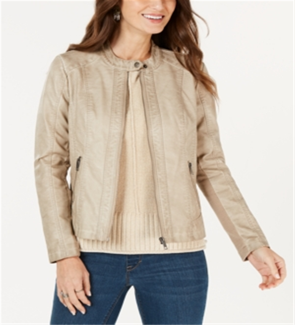 Style & Co Women's Perforated Garment Dyed Faux Leather Jacket Brown Size Medium