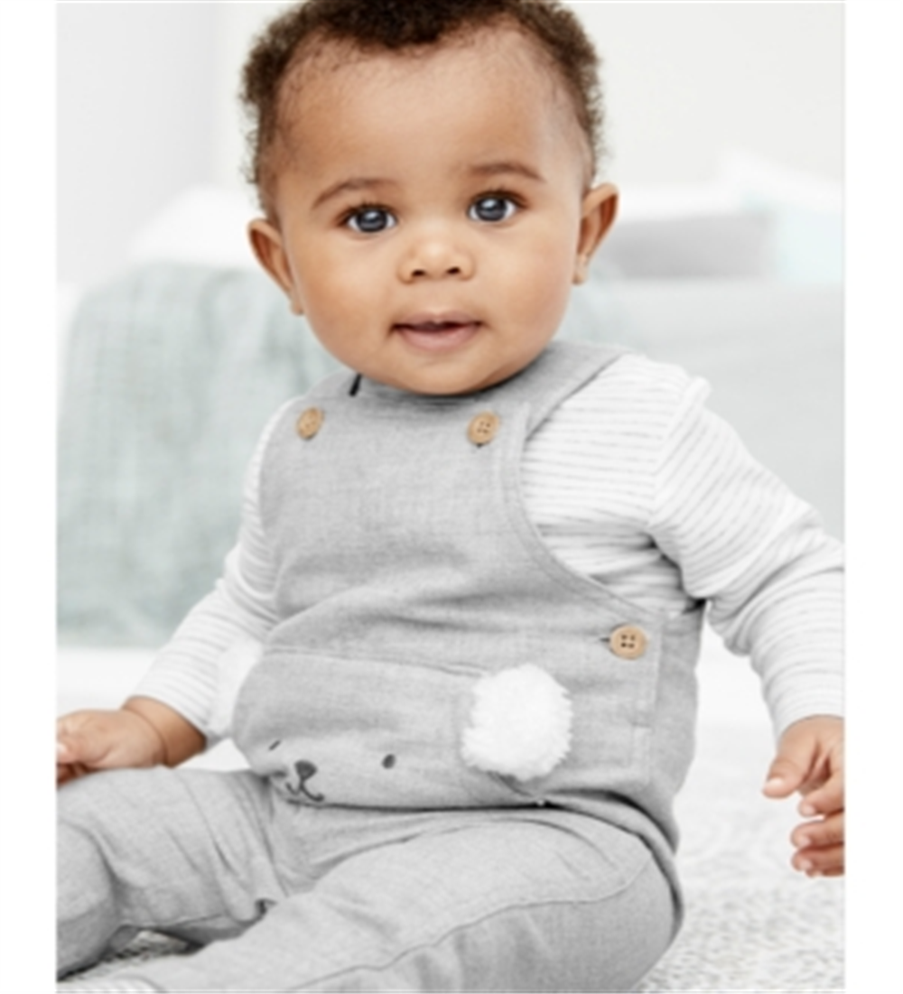 Carter's Baby Boy's 2 Pc Bear Overalls & Striped T-Shirt Set Gray Size Newborn