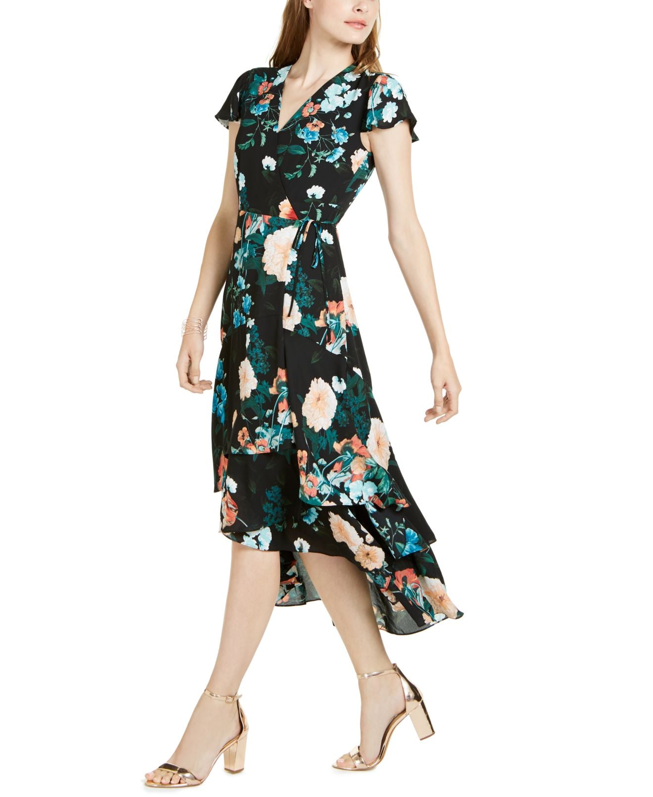 INC International Concepts Women's Flutter Sleeve Wrap Maxi Dress Black Size 4