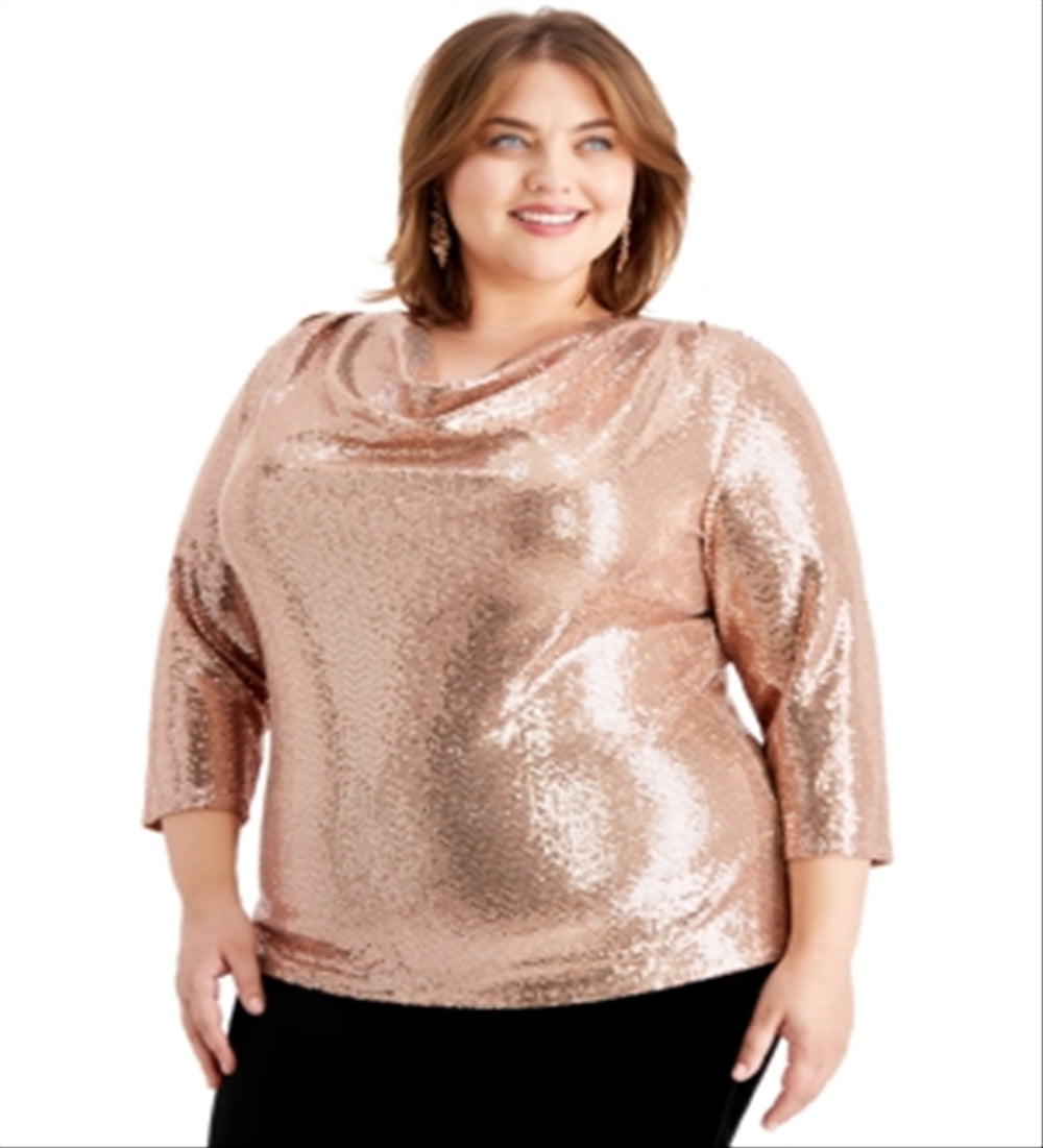 MSK Women's Sequined 3/4 Sleeve Cowl Neck Party Top Brown Size 2X