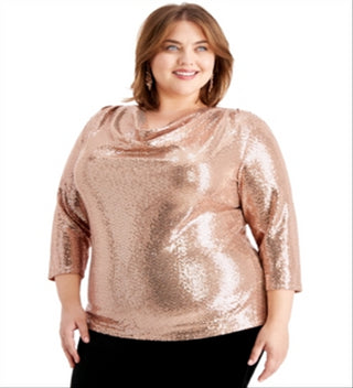 MSK Women's Sequined 3/4 Sleeve Cowl Neck Party Top Brown Size 2X