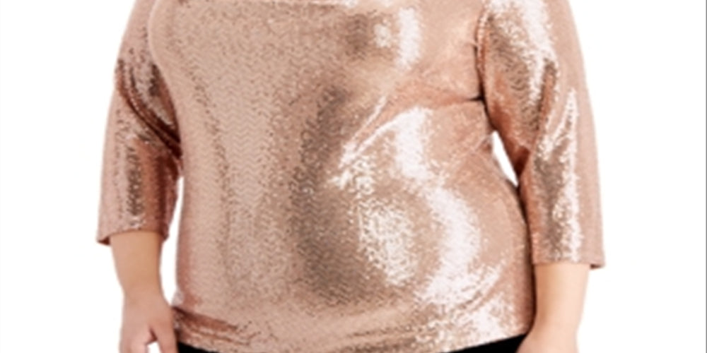 MSK Women's Sequined 3/4 Sleeve Cowl Neck Party Top Brown Size 2X