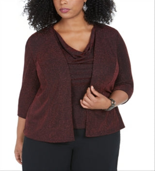 Alex Evenings Women's Long Sleeve Jewel Neck Top Red Size 1X