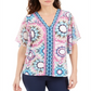 JM Collection Women's Printed Studded Top Blue Size X-Large
