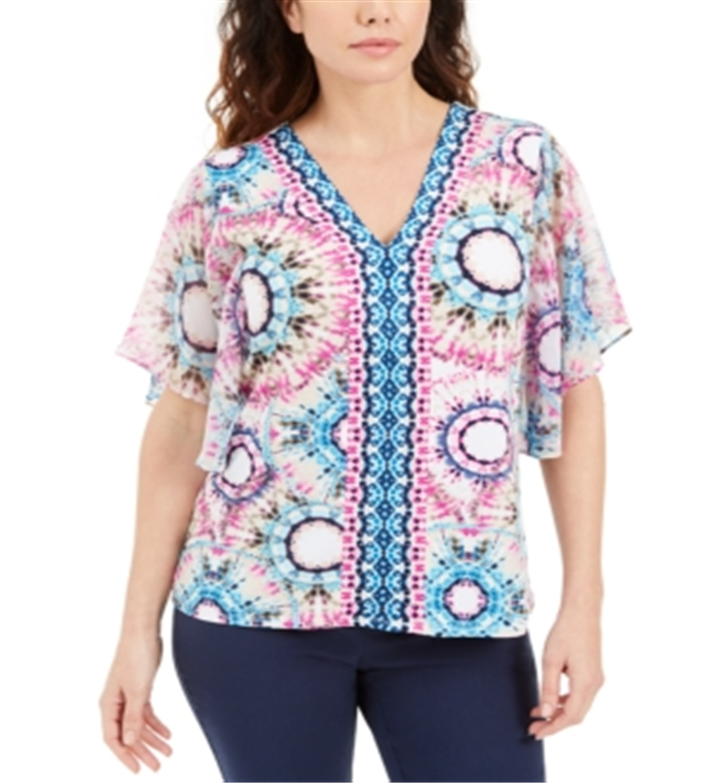 JM Collection Women's Printed Studded Top Blue Size X-Large
