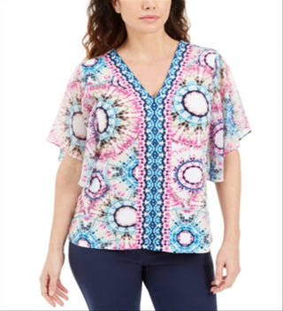 JM Collection Women's Printed Studded Top Blue Size X-Large