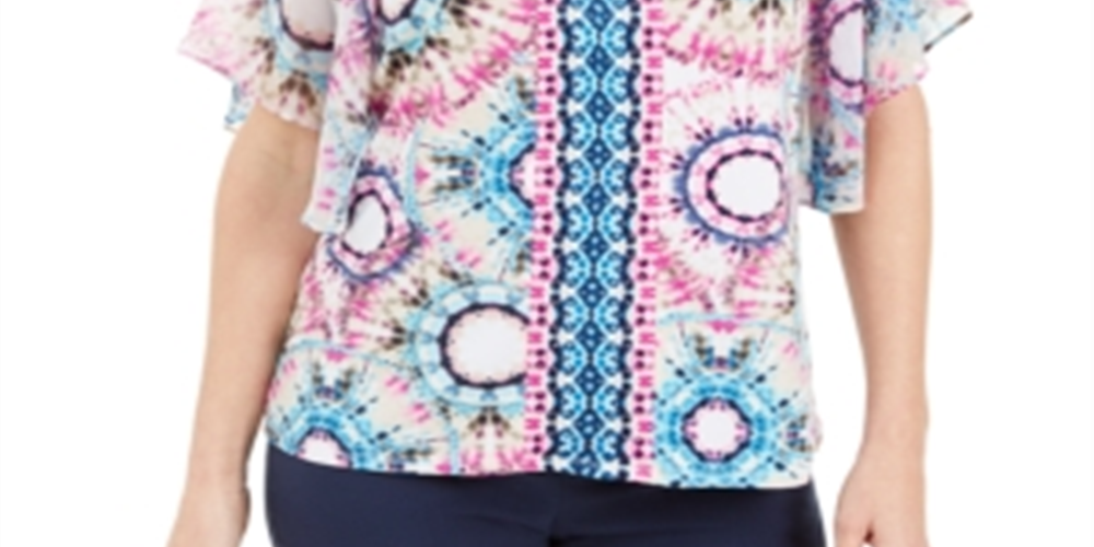 JM Collection Women's Printed Studded Top Blue Size X-Large