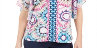 JM Collection Women's Printed Studded Top Blue Size X-Large