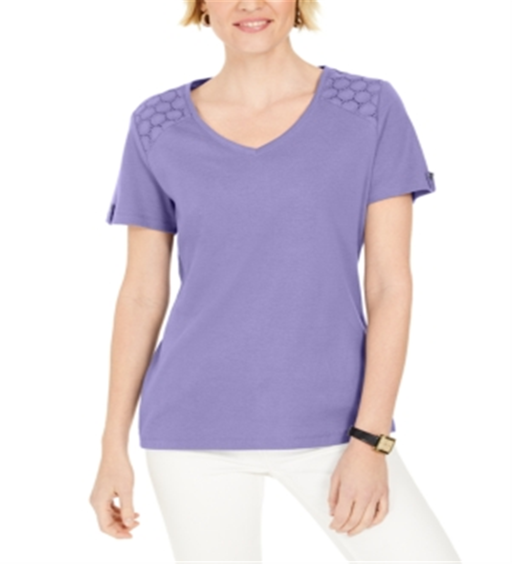 Karen Scott Women's Eyelet Shoulder V Neck Top Purple Size Small