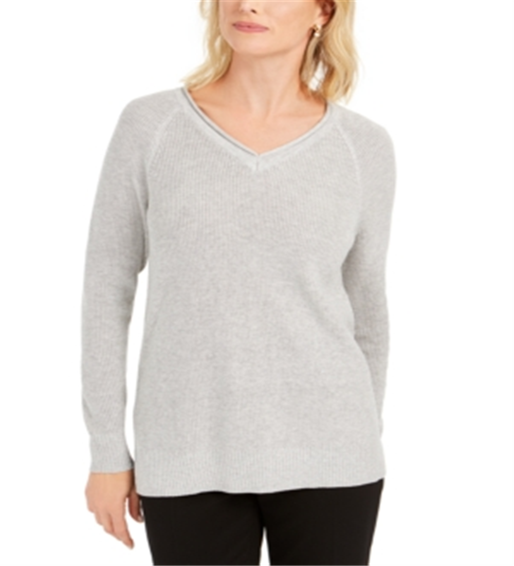 Charter Club Women's V Neck Pullover Knit Sweater Gray Size Medium
