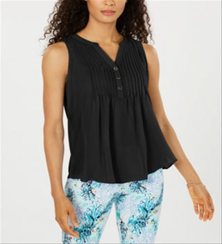 Charter Club Women's Sleeveless Pintuck Blouse Black Size Large