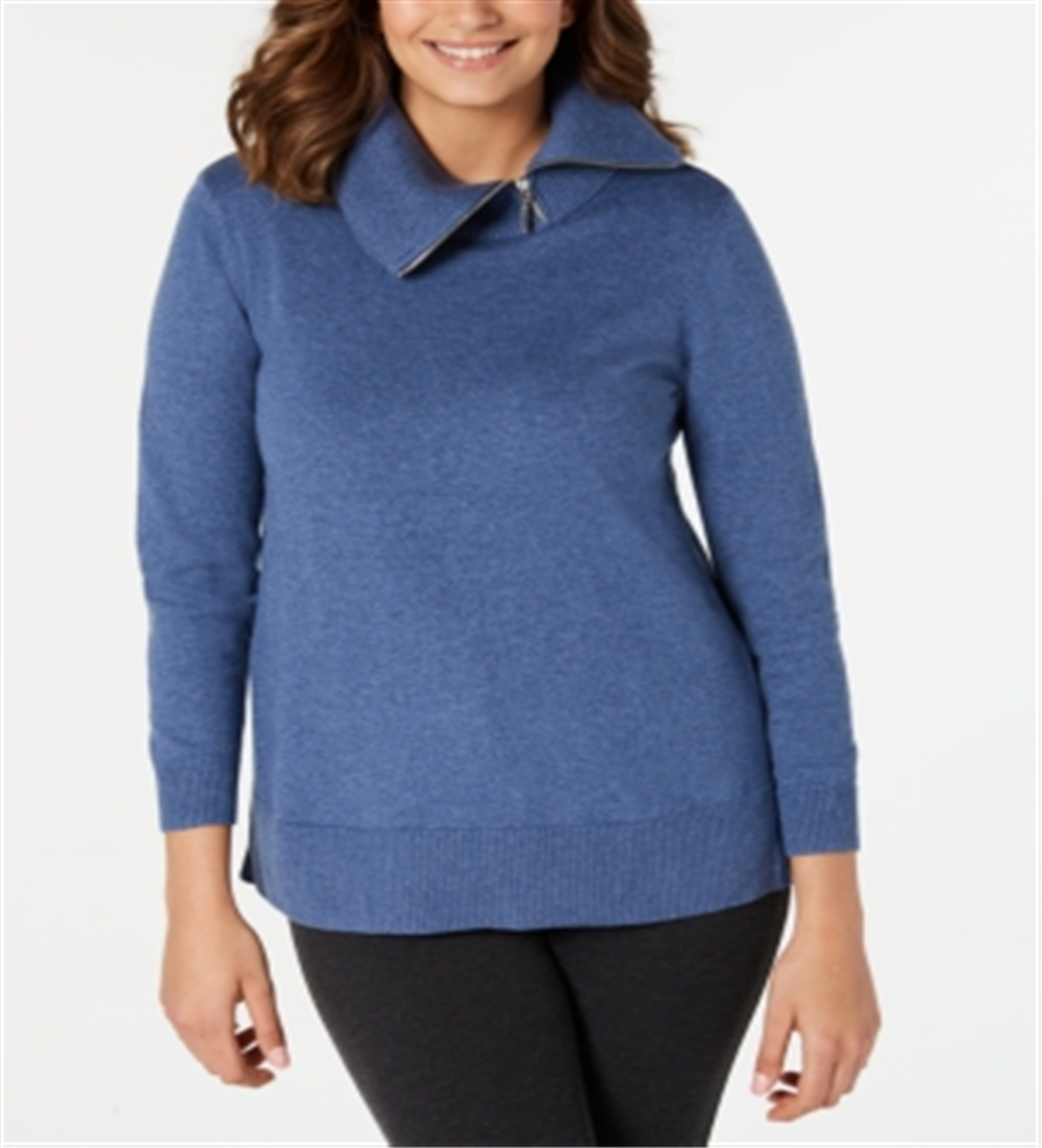 Karen Scott Women's Cotton Zip Neck Sweater Blue Size Large
