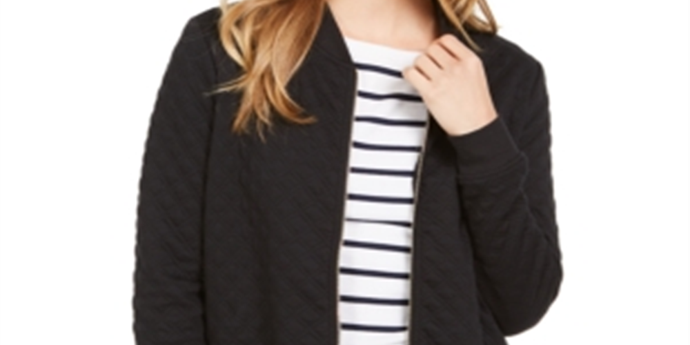 Charter Club Women's Textured Knit Bomber Jacket Black Size XL