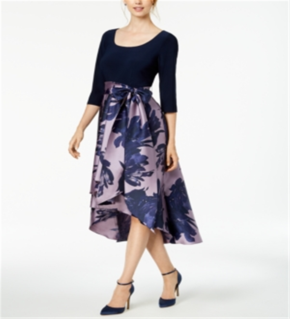R & M Richards Women's Floral Scoop Neck Below the Knee Party Hi Lo Dress Blue Size 14