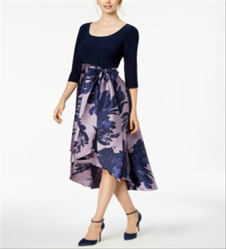R & M Richards Women's Floral Scoop Neck Below the Knee Party Hi Lo Dress Blue Size 14