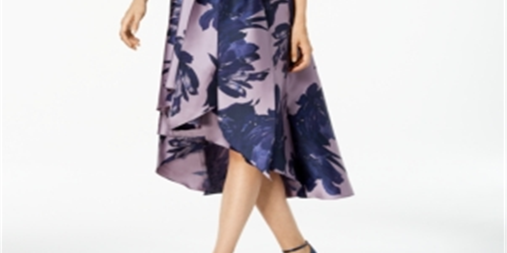 R & M Richards Women's Floral Scoop Neck Below the Knee Party Hi Lo Dress Blue Size 14