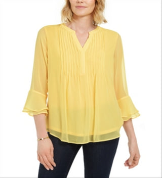 Charter Club Women's Double Ruffle Solid Pintuck Top Yellow Size Medium