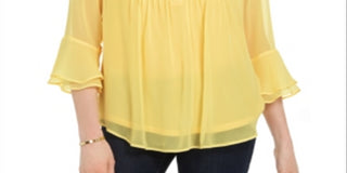 Charter Club Women's Double Ruffle Solid Pintuck Top Yellow Size Medium