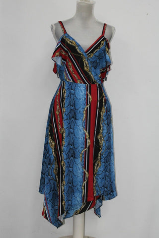 INC International Concepts Women's Cold Shoulder Printed V Neck MIDI Sheath Dress Blue Size 8